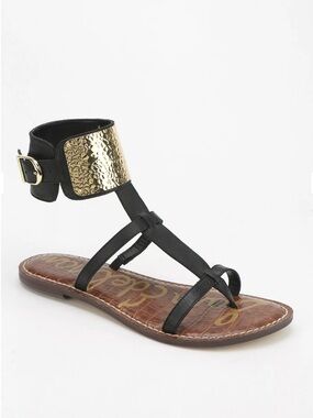 Sam Edelman Genette Black Leather Hammered Gold Gladiator Boho Sandal. Size 9